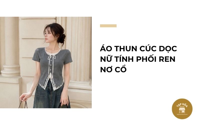 Áo thun cúc dọc nữ tính phối ren nơ cổ