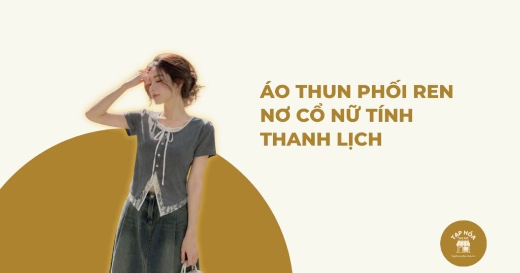 Áo thun phối ren nơ cổ nữ tính thanh lịch