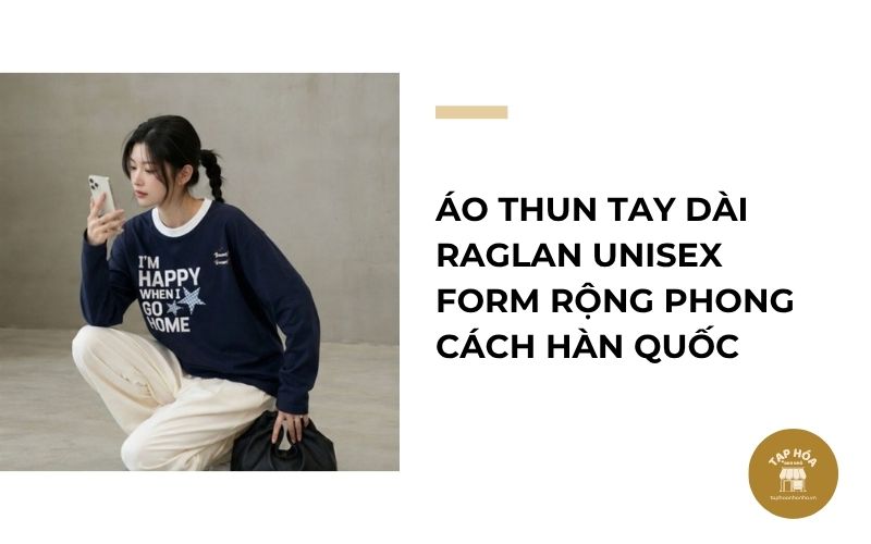 Áo thun tay dài Raglan unisex form rộng phong cách Hàn Quốc