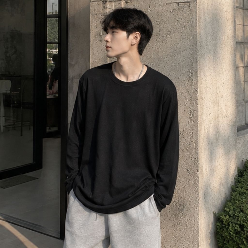 Áo thun tay dài basic cotton xước form rộng unisex nam nữ - Ảnh 4