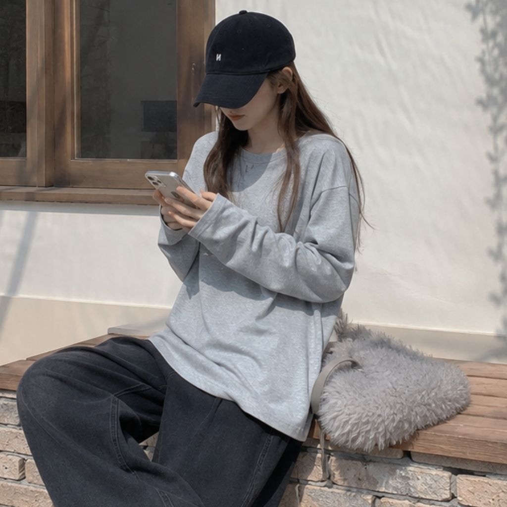 Áo thun tay dài basic cotton xước form rộng unisex nam nữ