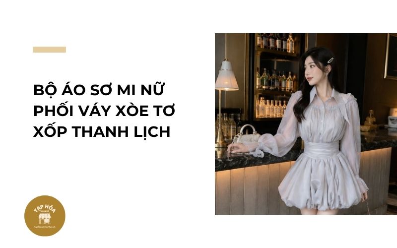 Bộ áo sơ mi nữ phối váy xòe tơ xốp thanh lịch