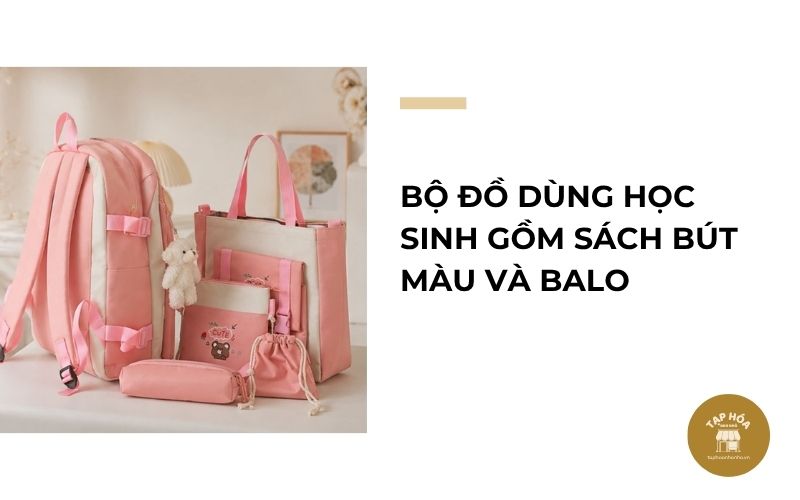 Bộ đồ dùng học sinh gồm sách bút màu và balo