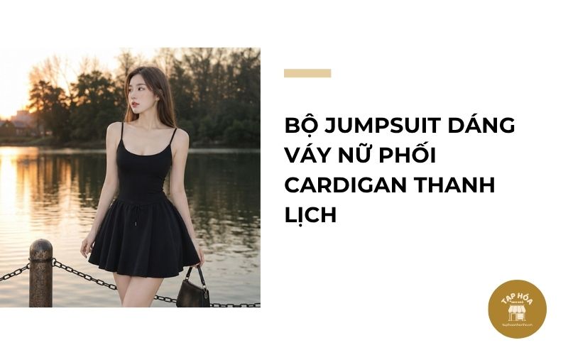 Bộ jumpsuit dáng váy nữ phối cardigan thanh lịch