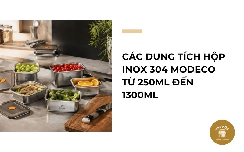 Các dung tích hộp inox 304 Modeco từ 250ml đến 1300ml