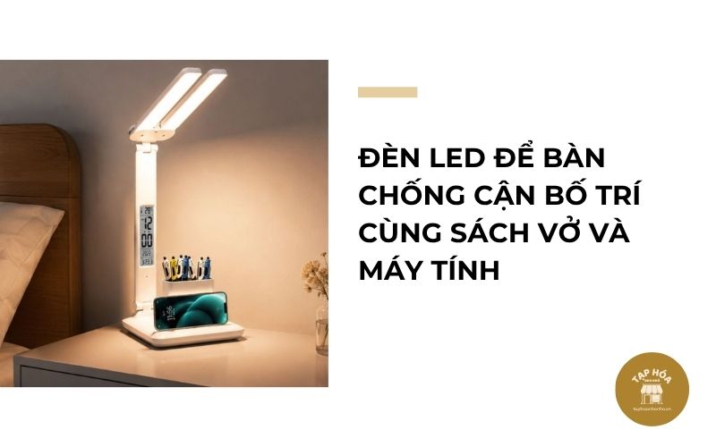 Đèn LED để bàn chống cận bố trí cùng sách vở và máy tính