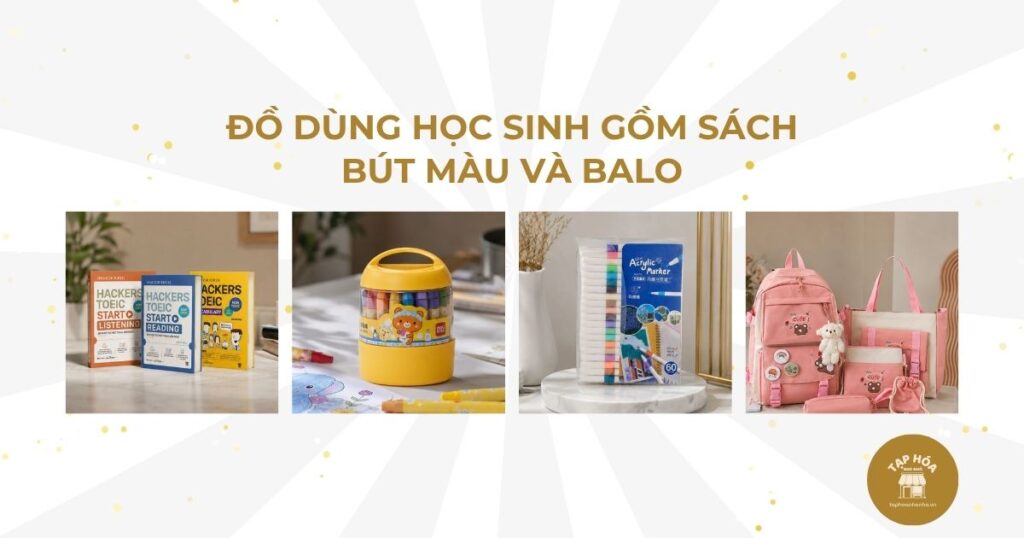 Đồ dùng học sinh gồm sách bút màu và balo
