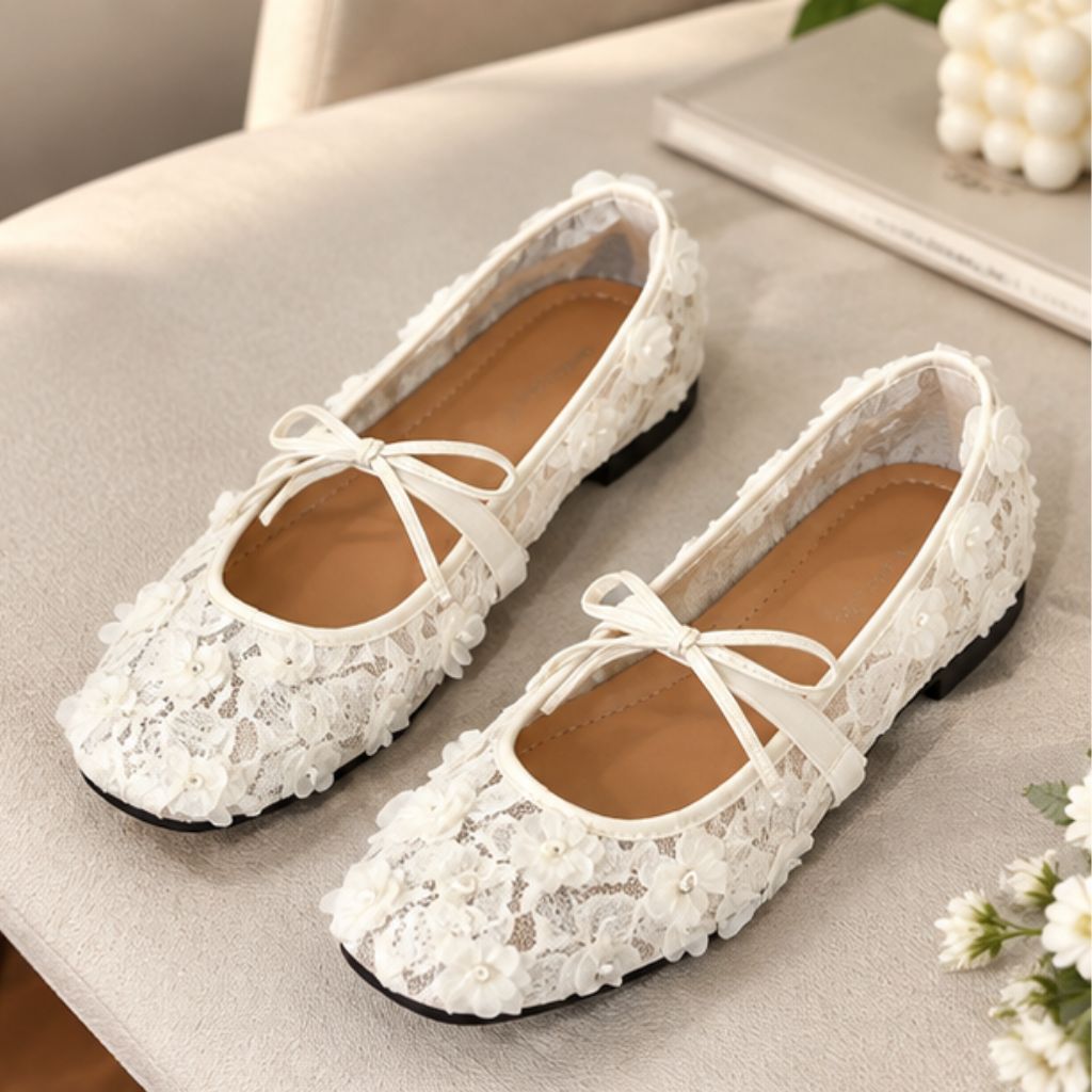 Giày bệt ren nữ N40 quai nơ phối lưới hoa hồng Lolita - Ảnh 2