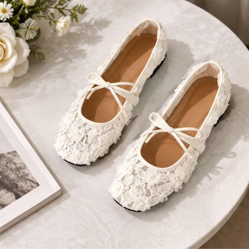 Giày bệt ren nữ N40 quai nơ phối lưới hoa hồng Lolita