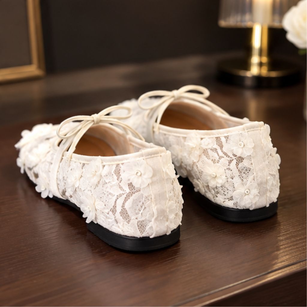 Giày bệt ren nữ N40 quai nơ phối lưới hoa hồng Lolita - Ảnh 4