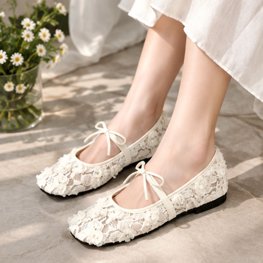 Giày bệt ren nữ N40 quai nơ phối lưới hoa hồng Lolita - Ảnh 3