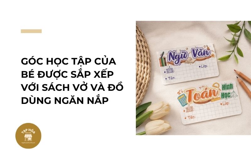 Góc học tập của bé được sắp xếp với sách vở và đồ dùng ngăn nắp