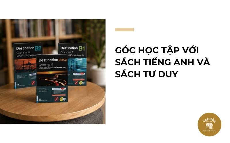 Góc học tập với sách tiếng Anh và sách tư duy