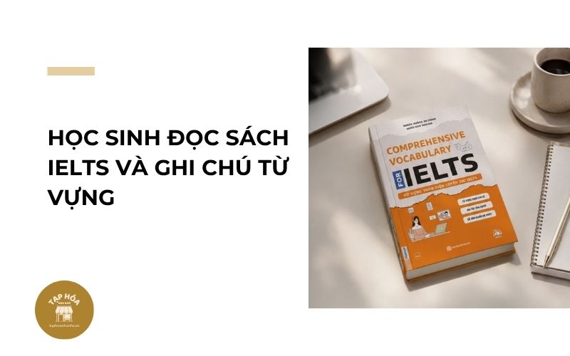 Học sinh đọc sách IELTS và ghi chú từ vựng
