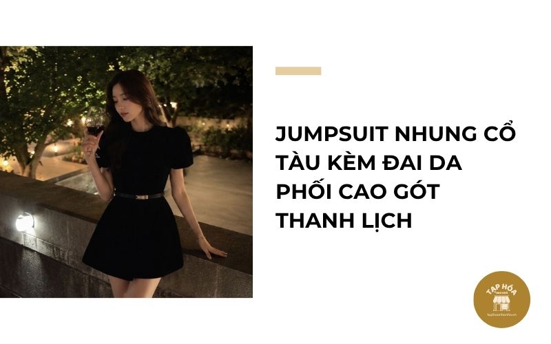 Jumpsuit nhung cổ tàu kèm đai da phối cao gót thanh lịch