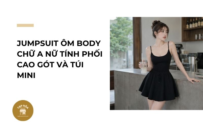 Jumpsuit ôm body chữ A nữ tính phối cao gót và túi mini