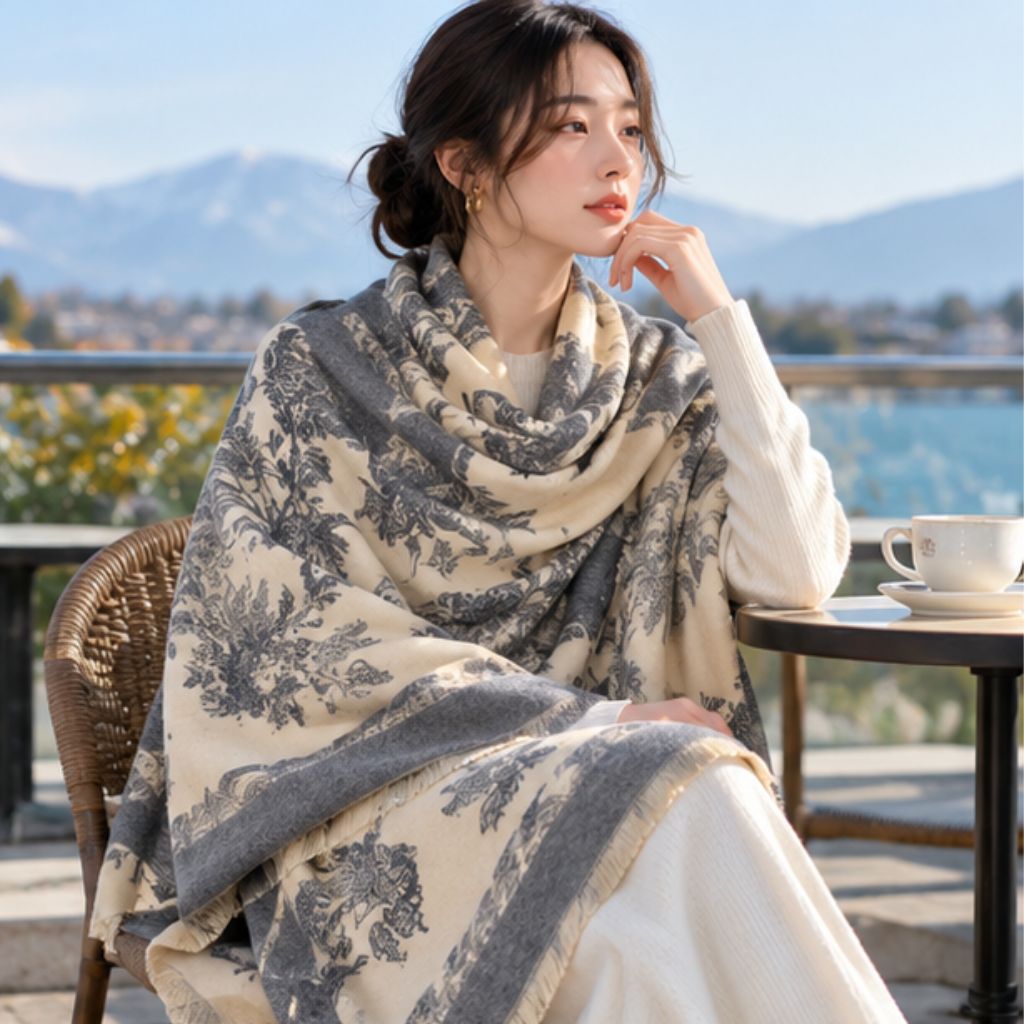 Khăn choàng len dạ họa tiết hoa 65x180cm vintage thu đông - Ảnh 2