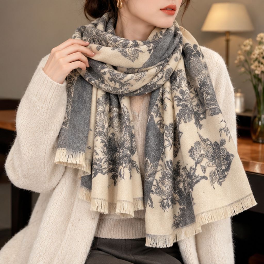 Khăn choàng len dạ họa tiết hoa 65x180cm vintage thu đông - Ảnh 4