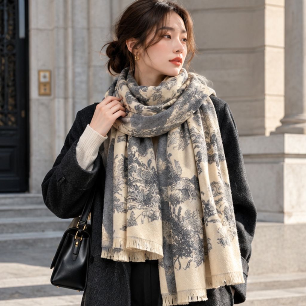 Khăn choàng len dạ họa tiết hoa 65x180cm vintage thu đông - Ảnh 3