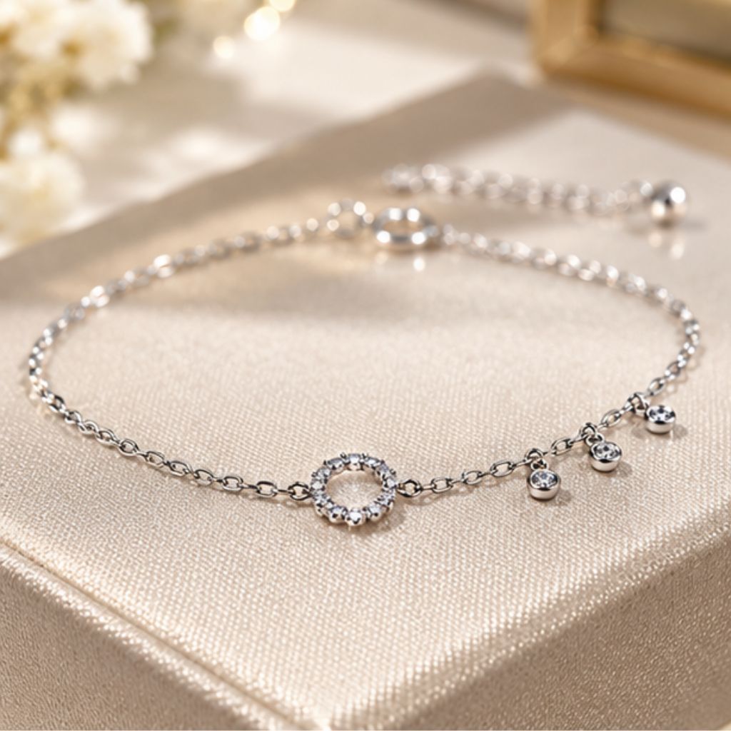 Lắc chân bạc nữ 925 đính đá khuyên tròn thời thượng - Ảnh 2