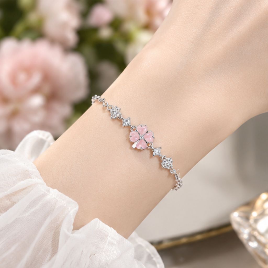 Lắc tay bạc nữ TLEE dây hoa cỏ bốn lá cánh tim đính đá đa sắc - Ảnh 3