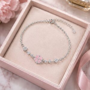 Lắc tay bạc nữ TLEE dây hoa cỏ bốn lá cánh tim đính đá đa sắc