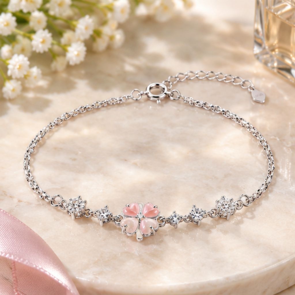 Lắc tay bạc nữ TLEE dây hoa cỏ bốn lá cánh tim đính đá đa sắc - Ảnh 4