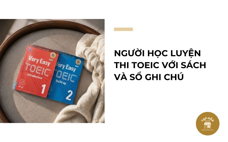 Người học luyện thi TOEIC với sách và sổ ghi chú