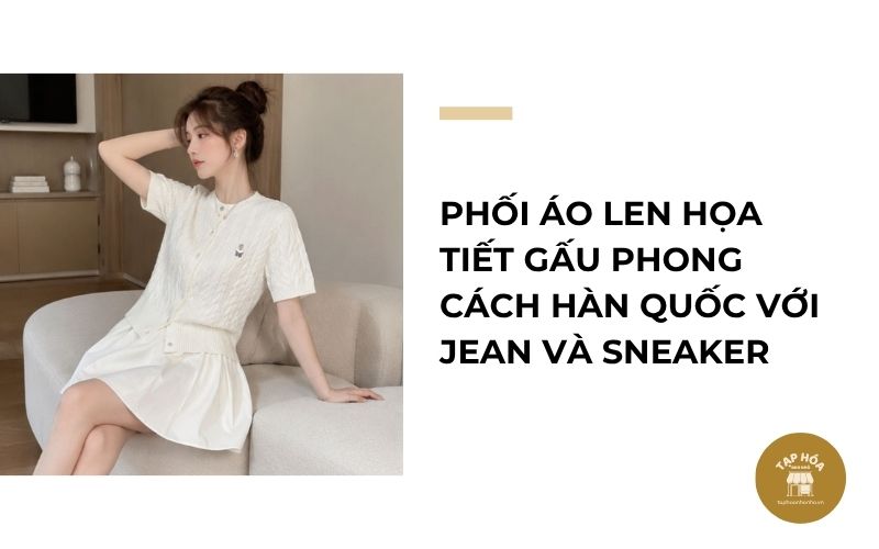 Phối áo len họa tiết gấu phong cách Hàn Quốc với jean và sneaker