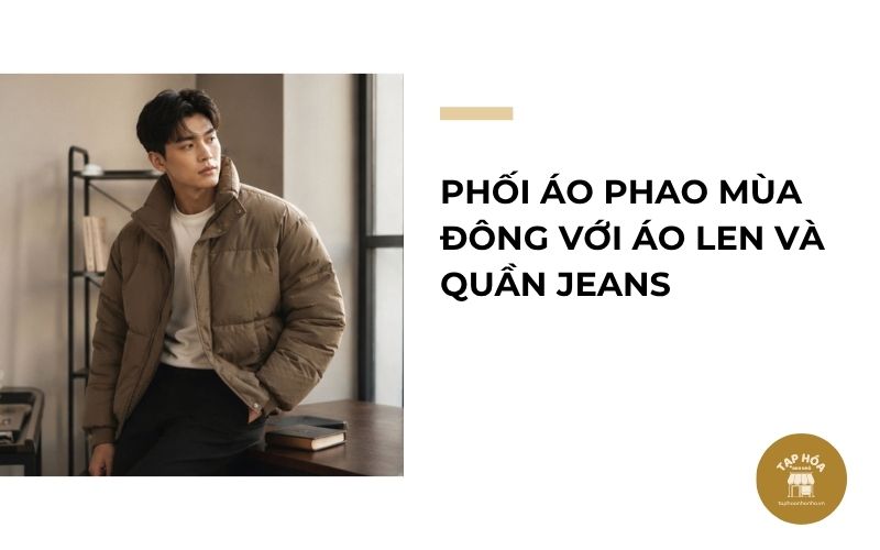 Phối áo phao mùa đông với áo len và quần jeans