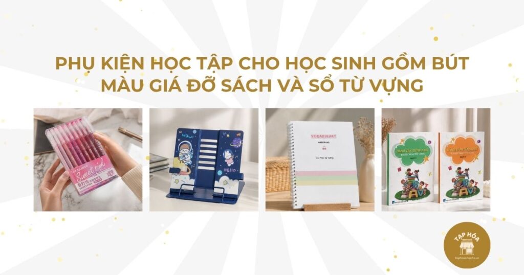 Phụ kiện học tập cho học sinh gồm bút màu giá đỡ sách và sổ từ vựng