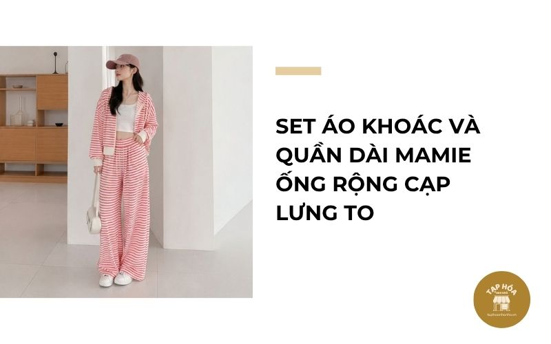 Set áo khoác và quần dài Mamie ống rộng cạp lưng to