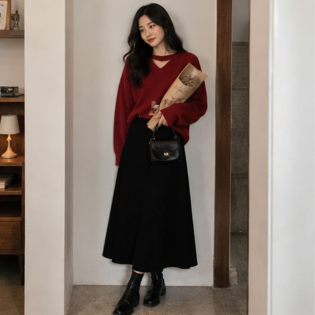 Set áo len nữ phối váy midi xếp ly phong cách thu đông