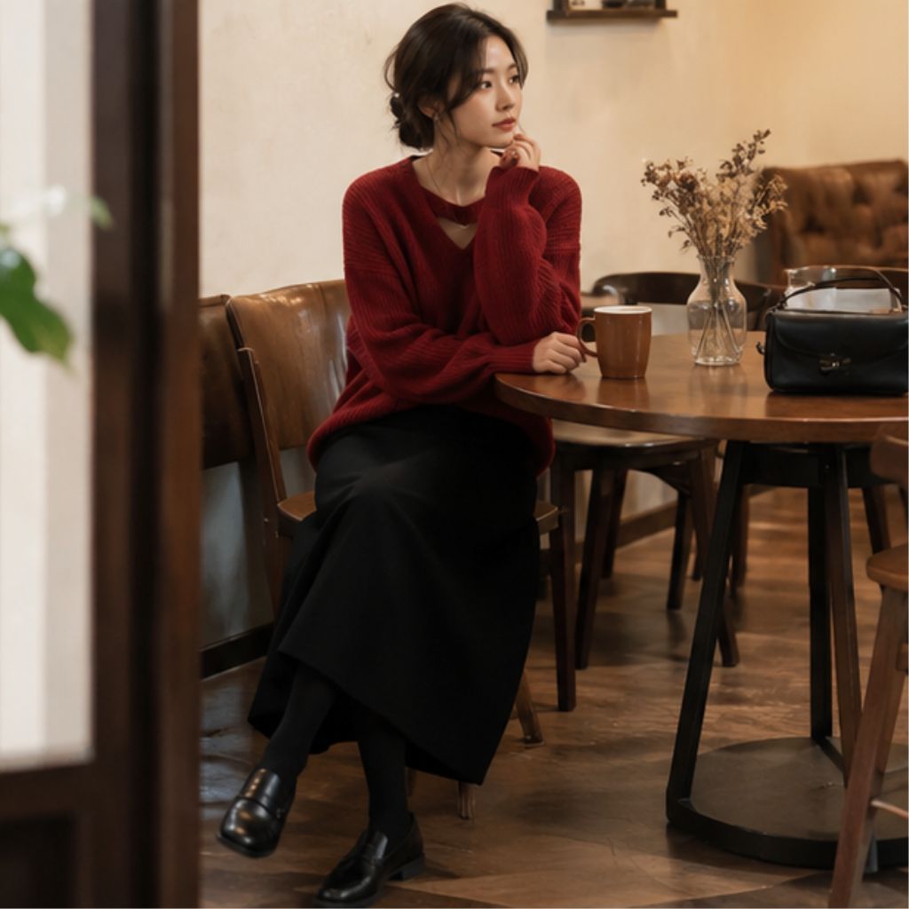Set áo len nữ phối váy midi xếp ly phong cách thu đông - Ảnh 4