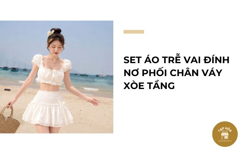 Set áo trễ vai đính nơ phối chân váy xòe tầng