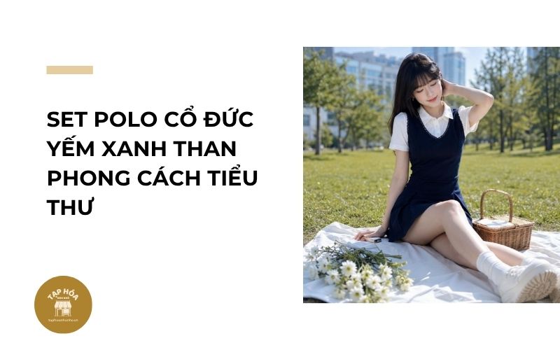 Set polo cổ đức yếm xanh than phong cách tiểu thư