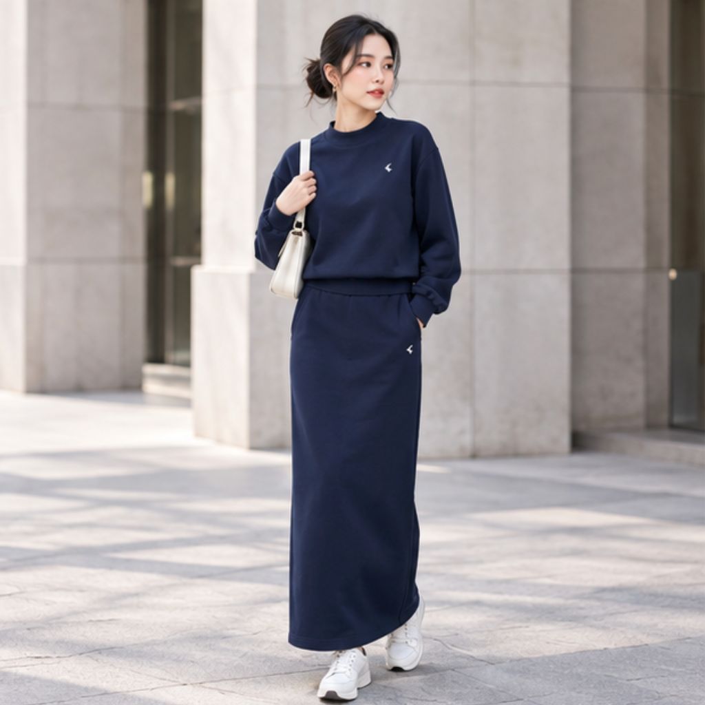 Set váy nỉ nữ GUNO dáng dài cao cấp thêu ngựa thu đông - Ảnh 3
