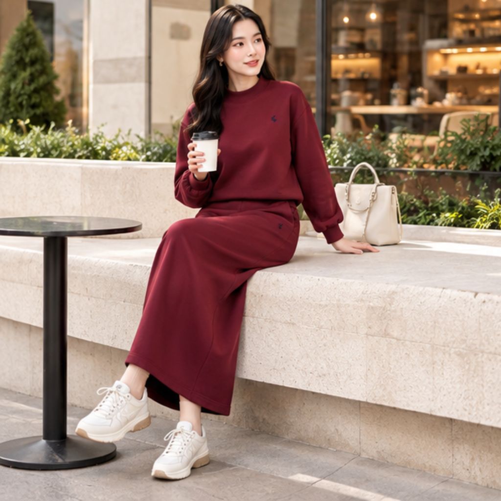 Set váy nỉ nữ GUNO dáng dài cao cấp thêu ngựa thu đông - Ảnh 2