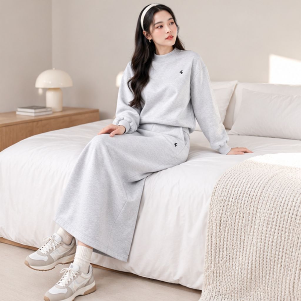 Set váy nỉ nữ GUNO dáng dài cao cấp thêu ngựa thu đông
