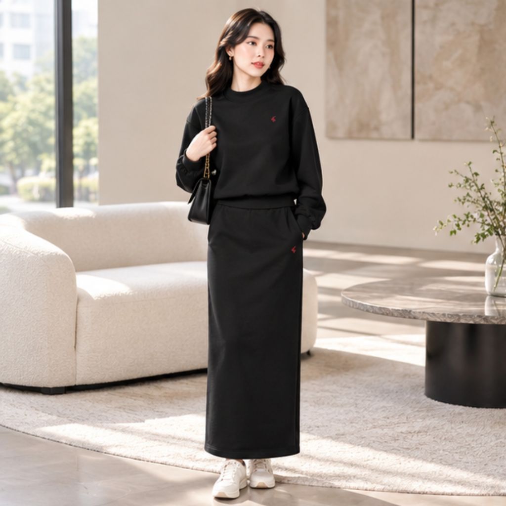 Set váy nỉ nữ GUNO dáng dài cao cấp thêu ngựa thu đông - Ảnh 4