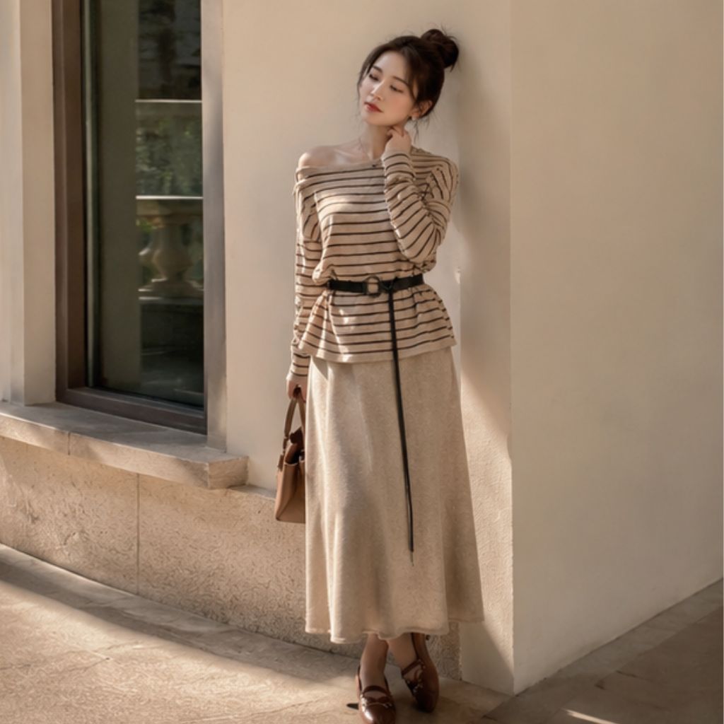 Set váy thu đông nữ kèm đai dáng ôm trẻ trung thanh lịch - Ảnh 3