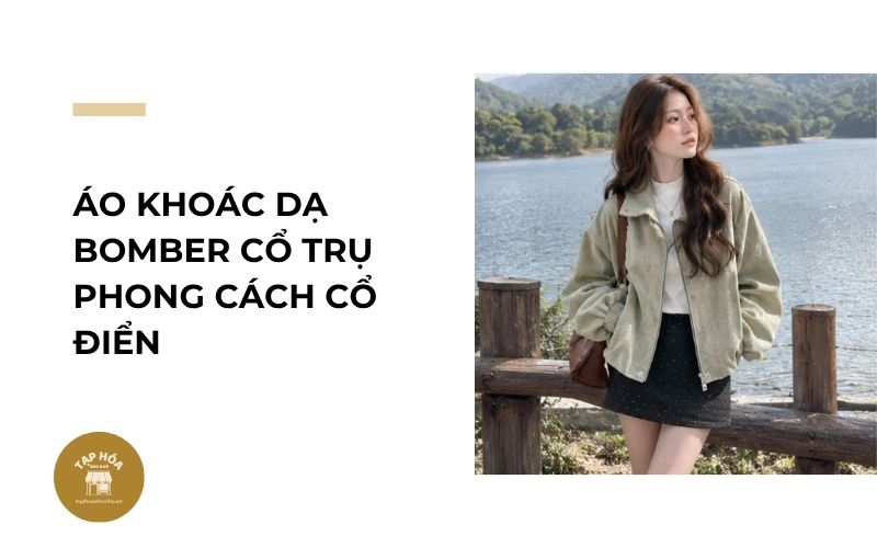 Áo khoác dạ bomber cổ trụ phong cách cổ điển