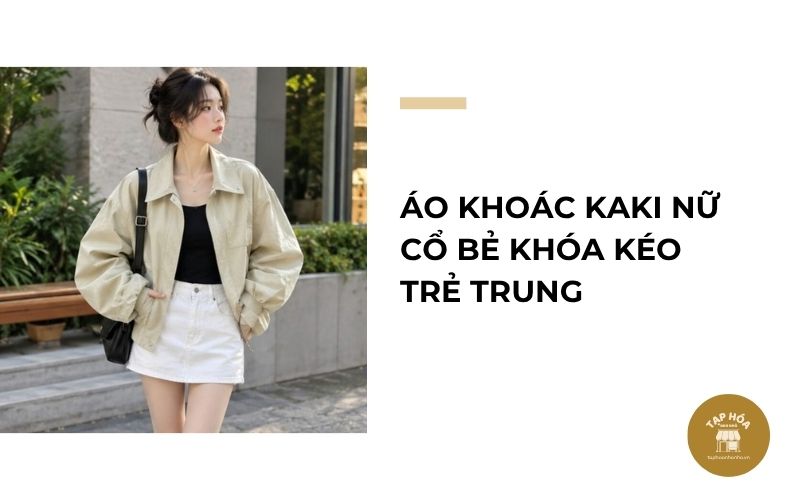 Áo khoác kaki nữ cổ bẻ khóa kéo trẻ trung