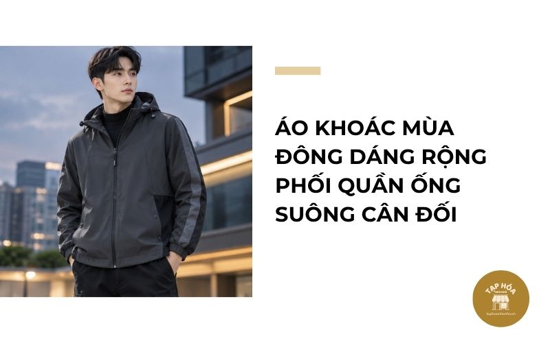 Áo khoác mùa đông dáng rộng phối quần ống suông cân đối