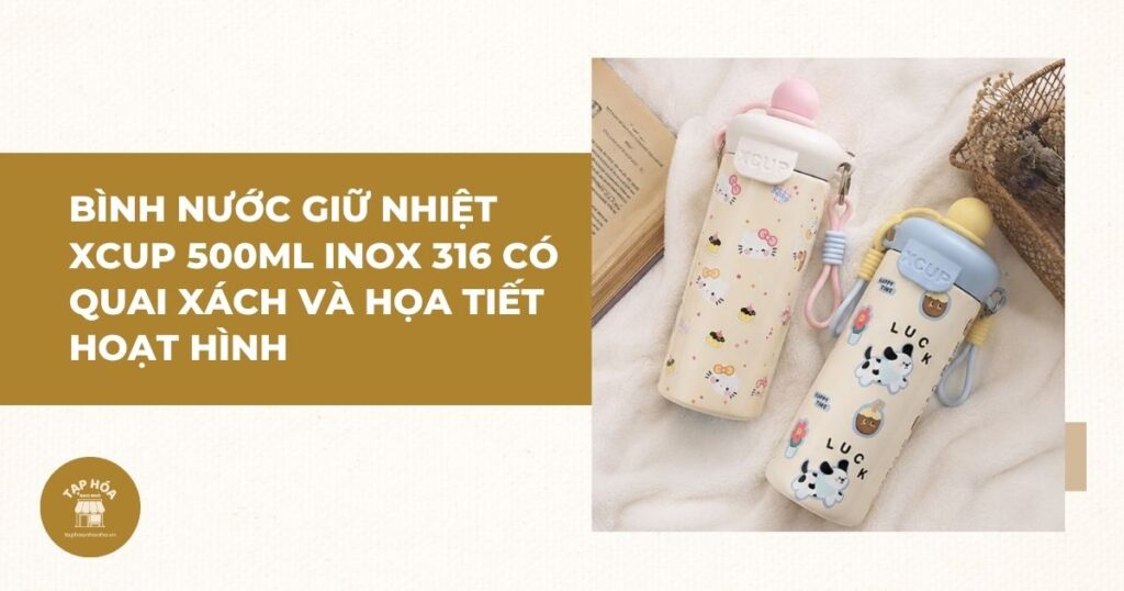 Bình nước giữ nhiệt XCUP 500ml inox 316 có quai xách và họa tiết hoạt hình