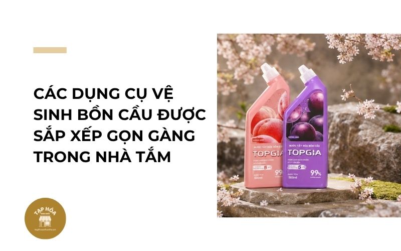 Các dụng cụ vệ sinh bồn cầu được sắp xếp gọn gàng trong nhà tắm