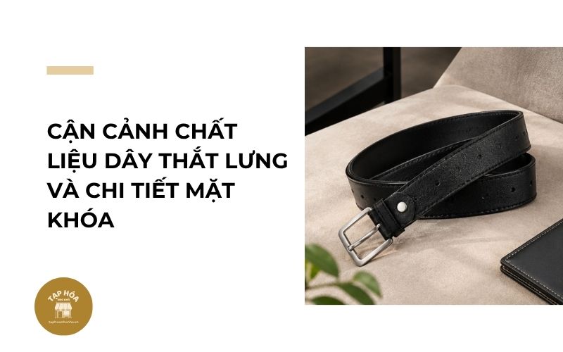 Cận cảnh chất liệu dây thắt lưng và chi tiết mặt khóa