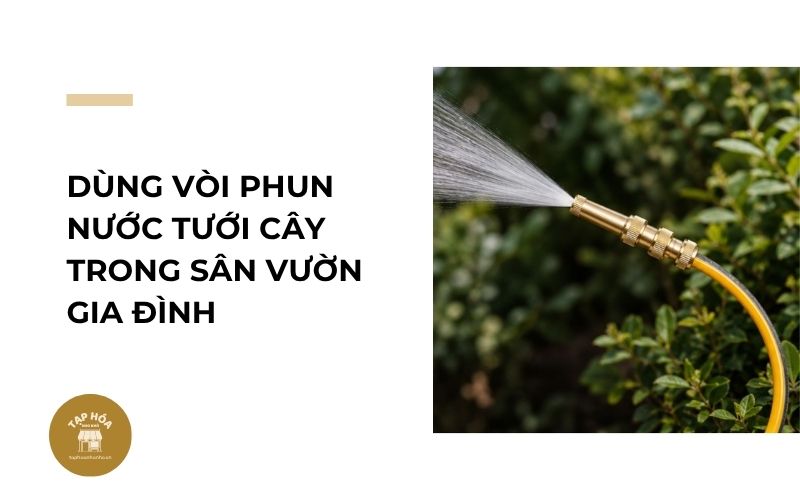 Dùng vòi phun nước tưới cây trong sân vườn gia đình