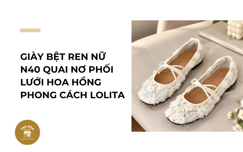 Giày bệt ren nữ N40 quai nơ phối lưới hoa hồng phong cách Lolita