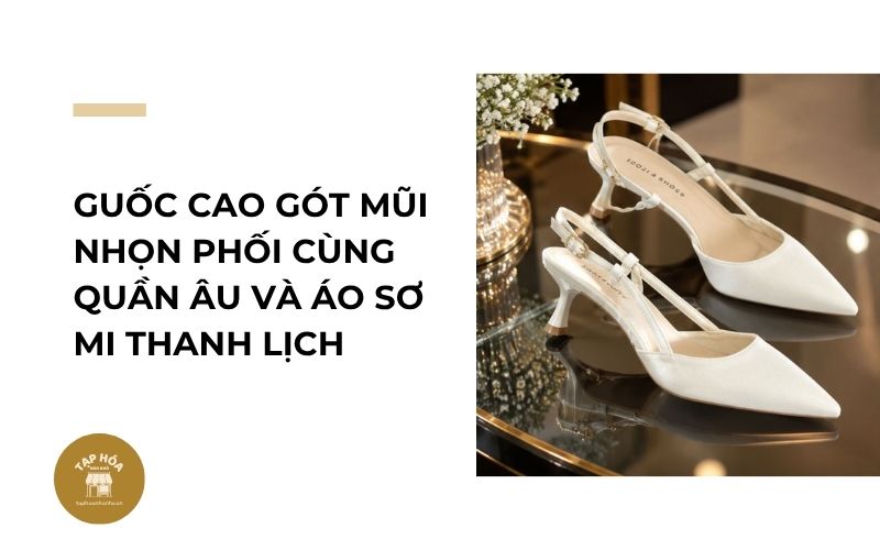 Guốc cao gót mũi nhọn phối cùng quần âu và áo sơ mi thanh lịch